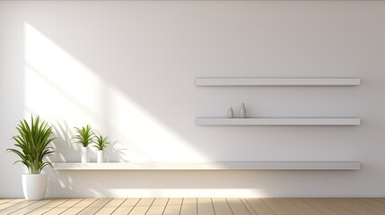 Leinwandbilder - Minimalistic white home interior with shelves sunlight and shadows. Mockup image