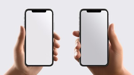 Poster - Panoramic view of woman s hands on white background using blank screened smartphone . Mockup image
