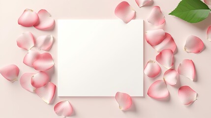 Aufkleber - Minimal Valentine s Day template with pink rose petals on blank paper cards Flat lay top view. Mockup image