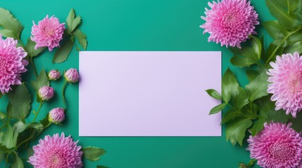 Fototapete - Flower themed greeting card template with blank paper on green table. Mockup image