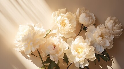 Poster - Top view of neutral beige background with flatlay arrangement of peonies incorporating copy space and sunlight shadows. Mockup image