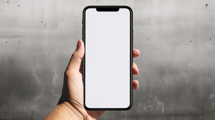 Poster - hand holding blank mobile phone with white screen and white shoes on concrete wall . mockup image