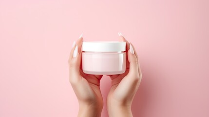 Sticker - High quality photo of female hand holding cosmetic cream jar on pink background Copy space available for branding of beauty product. Mockup image