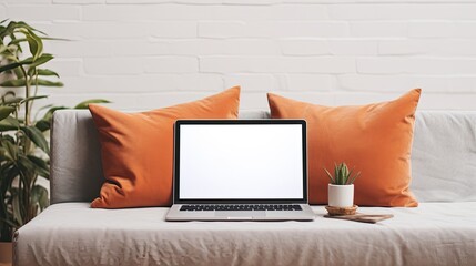 Poster - Elegantly designed living room with a laptop on the couch suitable for online store blog or social media branding . Mockup image