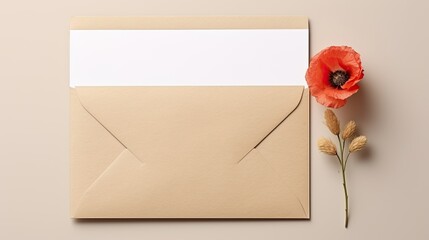 Poster - Blank wedding invitation card template with copy space on Kraft envelope and poppy stem Design for brand identity. Mockup image