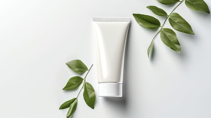 Poster - Packaging for skin care and cream tube with mirror and green leaves on white background Mockup space for text