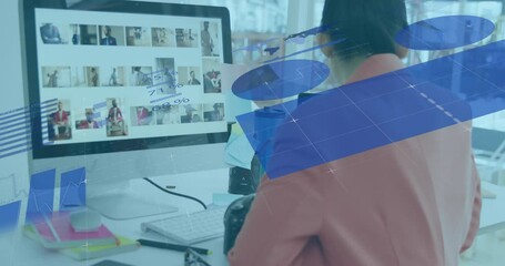 Aufkleber - Animation of infographic interface over asian female photographer transferring photos to desktop