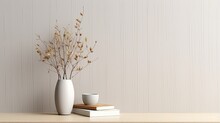 Eucalyptus Branch In A Modern Vase Coffee And Old Books On Wooden Table Empty Mockup Of Beige Wall Elegant Living Room With Scandinavian Minimalist D