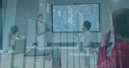 Poster - Animation of multiple graphs with changing numbers, diverse coworkers discussing blueprint on screen