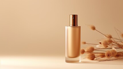 Poster - Brown cosmetic bottle and golden cream tube on neutral background Skin care concept Mockup copy space