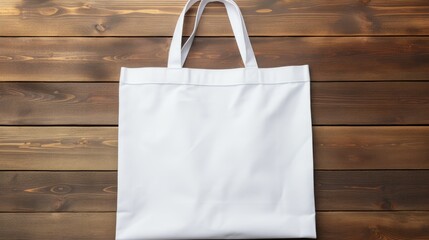 Aufkleber - Empty blank template of a reusable shopping bag with a white cotton canvas material placed on a wooden background Top view with copy space suitable for showcasin . Mockup image