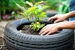 A hands repurposing an old tire into a garden planter, demonstrating the creative potential  ,Generative AI