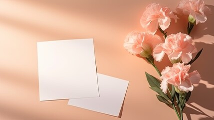 Poster - Aesthetic invitation template with blank cards and carnation flowers. Mockup image
