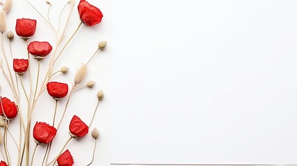 Poster - Graphic design for branding and aesthetic logos using blank paper sheets and mockup copy space with dry poppy pods on a white background