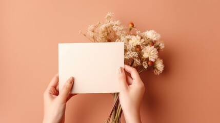 Sticker - Person holding blank card and envelope with flowers on beige background elegant template for invitation greeting or business card with space for text. Mockup image