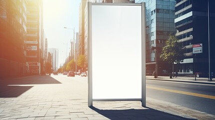 Poster - Mock up of a white billboard at a bus stop on a city street with buildings and road in the background on a sunny summer day. Mockup image