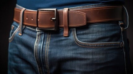 Aufkleber - Blue denim jeans with a leather belt label sticker tab tag and empty white space . Mockup image