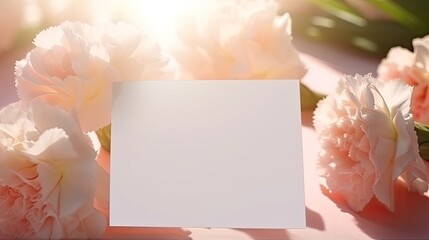 Poster - Aesthetic invitation template with blank cards and carnation flowers. Mockup image