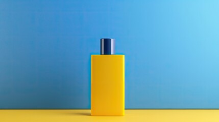 Poster - Front view mockup template of a blue rectangular spray perfume bottle on a yellow background with copy space
