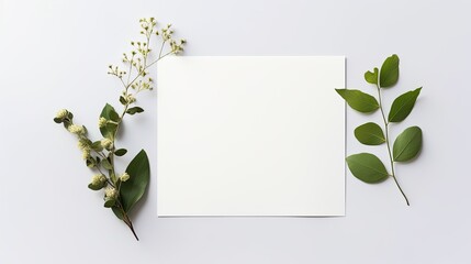 Wall Mural - Minimal business brand template with blank card pen and green floral twig on light gray background Flat lay top view. Mockup image