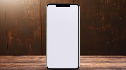 Poster - White screen cellphone with wireless headphones on wooden background for design mockup copy space