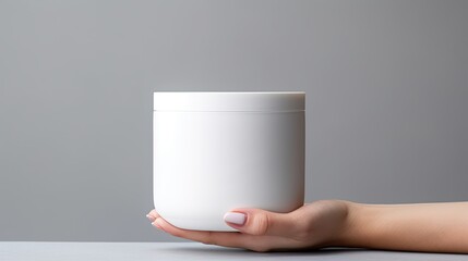 Poster - White plastic container held by a woman s hand for cosmetic branding Copy space available. Mockup image