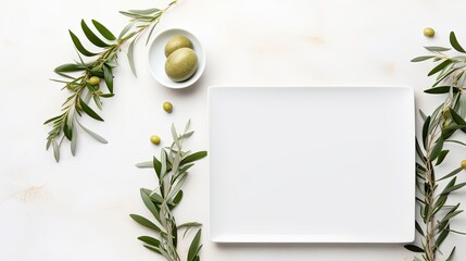 Top view of an elegant wedding table with invitation card porcelain plates adorned with olive branches Modern square blank paper card flat lay with Mediterranean. Mockup image