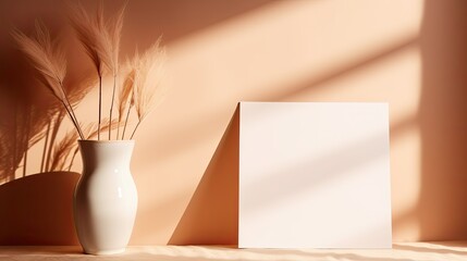 Sticker - Card with blank space ginger background with sun shadows Dried palm leaf stem glass vase with sunlight reflections. Mockup image