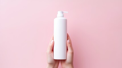 Poster - Blank white squeeze bottle plastic tube being held by young female hands on pink background Copy space for cosmetic beauty product branding mockup