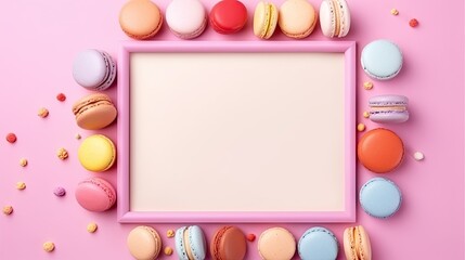 Aufkleber - Colorful macaroons on a pink background in a square frame mockup with space for an invitation card for a holiday anniversary or birthday party