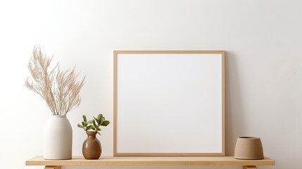 Poster - Minimalist neutral aesthetic home interior with blank picture frame on a stone tabletop white wall linen curtain and Scandinavian style room background. Mockup image
