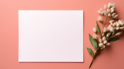 Poster - Minimal brand template with blank mockup on pastel coral background Flat lay top view
