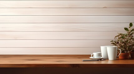 Sticker - Front view of workspace with wooden desk table supplies and coffee mug featuring copy space . Mockup image