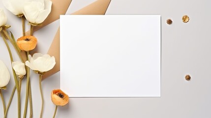 Poster - White and gold invitation cards and envelope with poppy stem flower Authentic wedding invitation template Holidays stationery. Mockup image