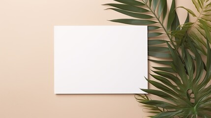 Poster - Top view of card mockup with copy space greetings wedding invitations blank paper sheet dry palm leaf on beige background