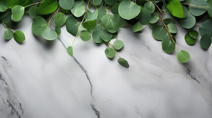 Aufkleber - Eucalyptus branches with green leaves on stone table flat lay copy space. Mockup image