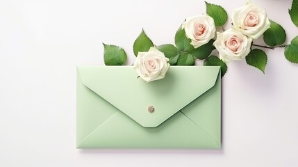 Sticker - Rose flowers on white background with green envelope and copy space. Mockup image