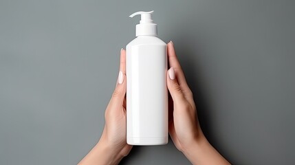 Aufkleber - Young woman holding empty white bottle for cosmetics beauty product branding template. Mockup image