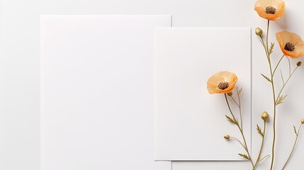 Poster - White and gold invitation cards and envelope with poppy stem flower Authentic wedding invitation template Holidays stationery. Mockup image