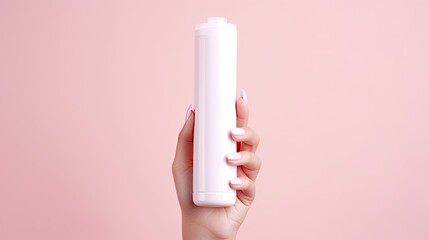 Poster - Blank white squeeze bottle plastic tube being held by young female hands on pink background Copy space for cosmetic beauty product branding mockup