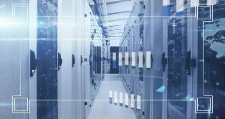 Poster - Animation of graphs, globe and computer language over bars on server racks in server room