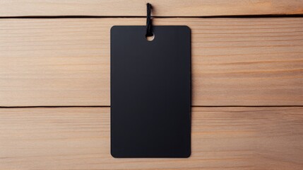 Leinwandbilder - Blank black paper label made from recycled kraft paper hanging on white table background representing the concept of recycling . Mockup image