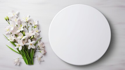 Poster - Round empty podium with white flowers on light grey background Natural frame for advertising Copy space Flat lay . Mockup image