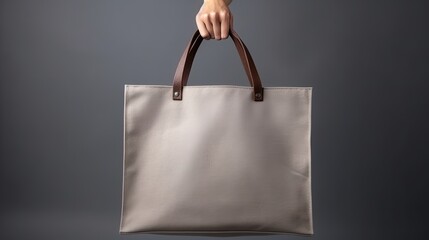Aufkleber - Girl holds empty canvas bag on gray background. Mockup image
