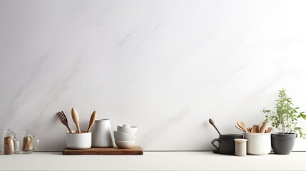 Aufkleber - Modern kitchen setting with utensils on countertop space for text viewed from the front. Mockup image