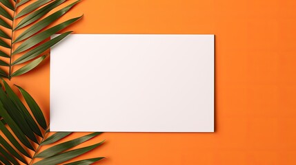 Poster - Minimal business brand template with blank paper sheet and dry palm leaf on orange background Flat lay top view. Mockup image