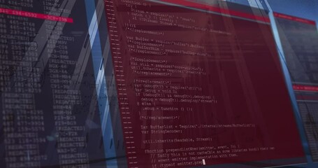 Poster - Animation of computer language, mathematical equation and diagrams, low angle view of server room
