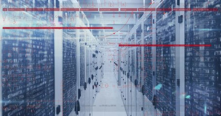 Poster - Animation of lines, mathematical equations and diagrams over binary codes on server room