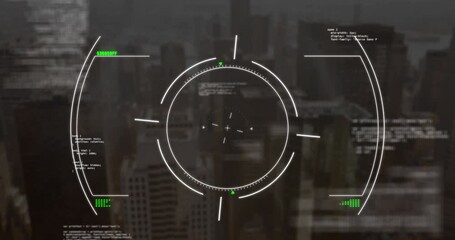 Wall Mural - Animation of circles and computer language over modern cityscape in background