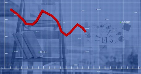 Leinwandbilder - Animation of red graphs with changing numbers on grid pattern over books on ladder